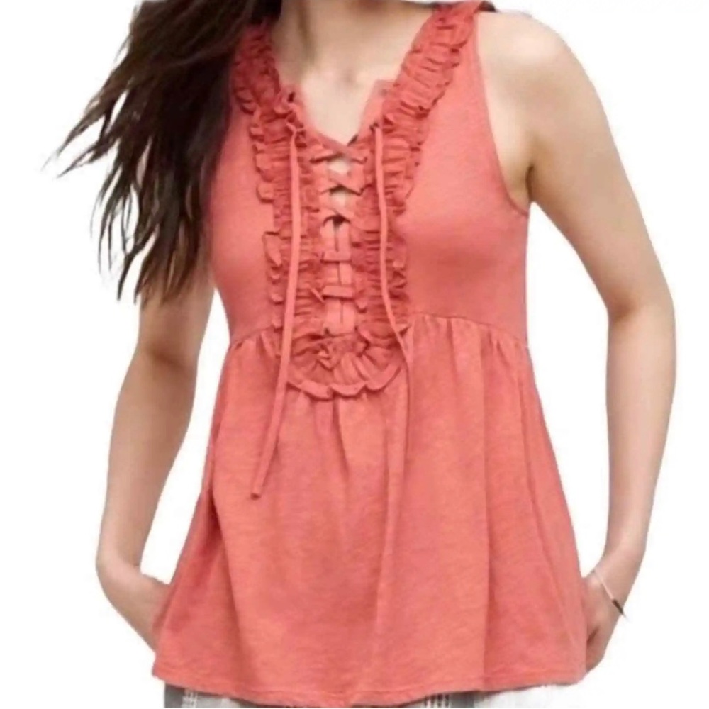 Anthropologie Deletta Ruffle Tank Coral Pink Anthro Lace Up Flowy Cottage Boho S